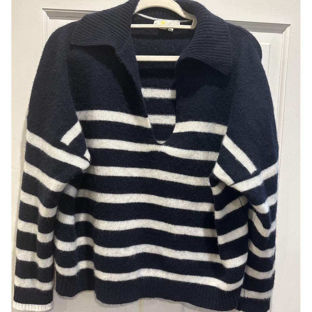 Boden Navy and White Striped V-Neck Collar Sweater